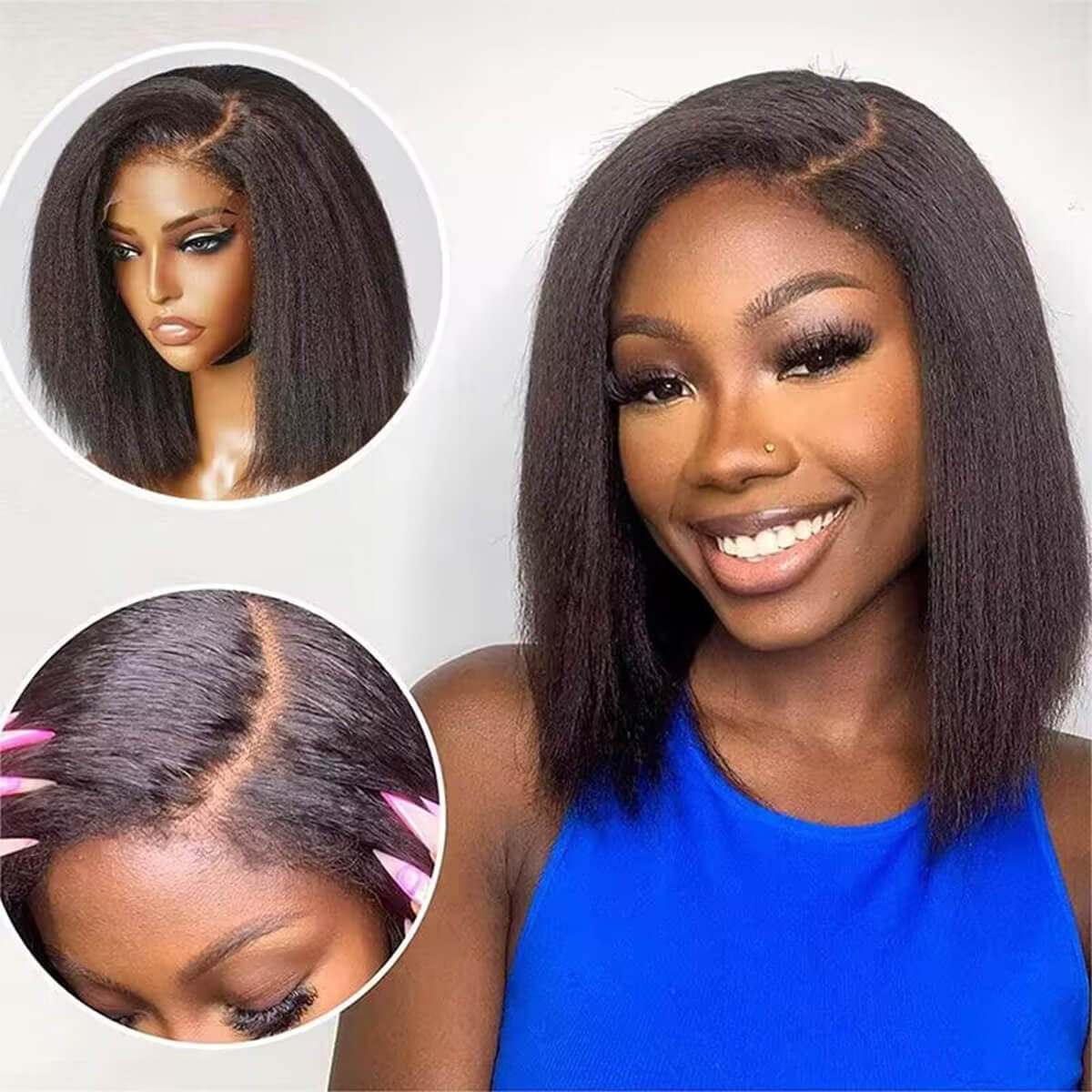 4c-edges-hairline-kinky-straight-bob-wig-1 4C Edges Hairline Kinky Straight 6×1.5 Minimalist Lace Pre-bleached Knots Natural Scalp 180% Density Short Bob Wig - Image 1