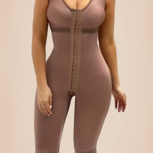 V Neck Sleeveless Knee Length Shapewear With Bra And Wide Shoulder Straps Butt-Lifting Bodysuit For Women